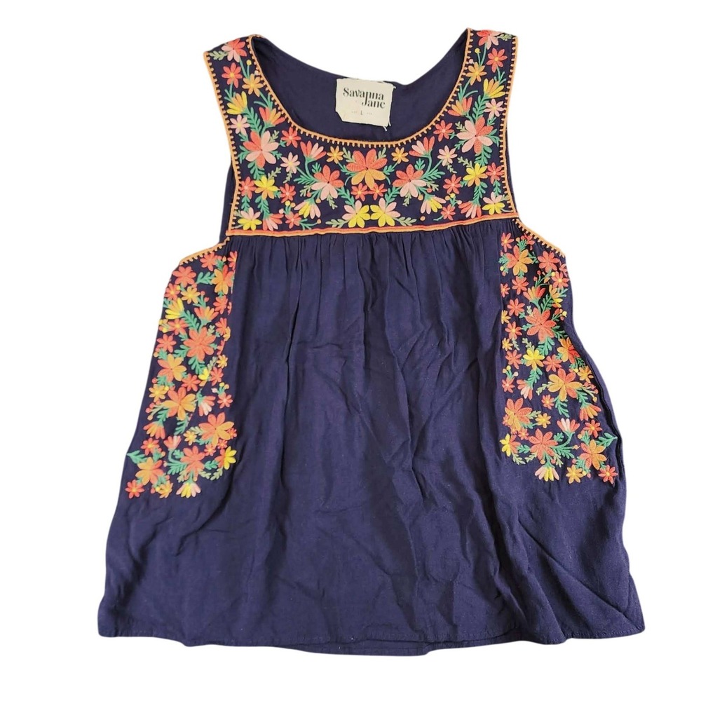 Savanna Jane Top Women Large Navy Blue Floral Embroidered Boho Sleeveless Blouse